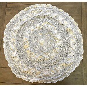 Hand Crochet Round Doily 27" White Floral Pattern Vintage Cottagecore grannycore